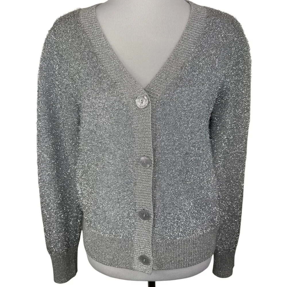 Kate Spade New York Sparkle Cardigan Sweater, Silver Metallic, Medium